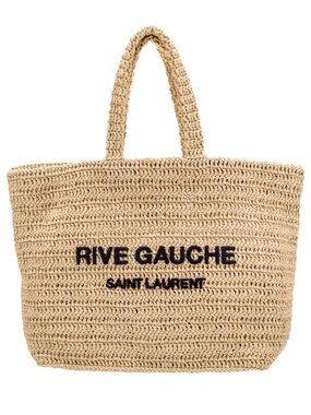 Saint Laurent Beige Straw Rive Gauche Tote with Black Logo